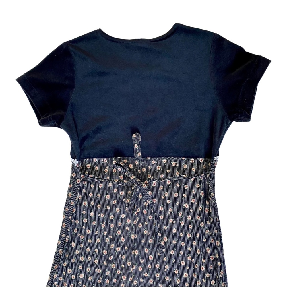 VTG 90's Dainty Grunge Twee Short Sleeve Velvet Heat Printed Daisy Midi Dress - Picture 4 of 11